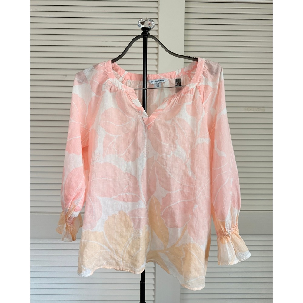 Tommy Bahama Pink Hibiscus Floral Cotton Tencel Blouse Small Smocked Cuff Top